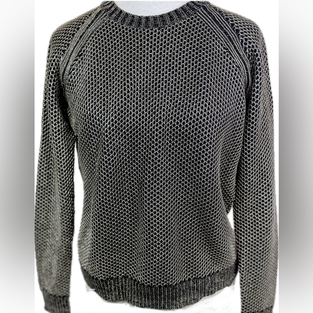 Maje Metallic Crew Neck Pullover Long Sleeve Sweater Sz 1 S Dark Navy and Gold
